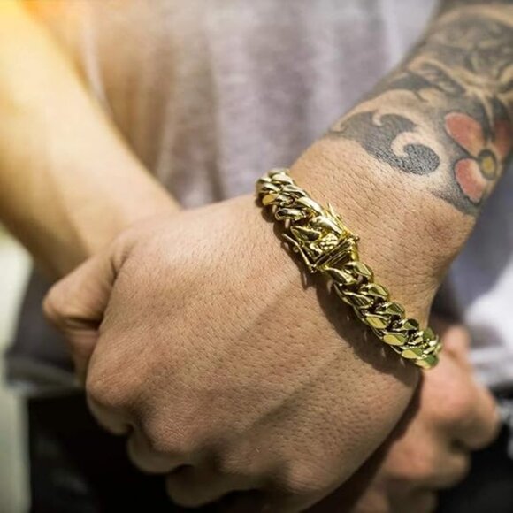 Neiman Marcus 14k Gold Plated Stainless Steel 8mm Miami Cuban Link Bracelet - Picture 1 of 4